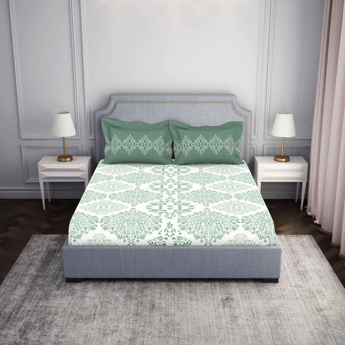 100% Cotton Bedsheet For Double Bed With 2 Pillow Cover - 88 X 100 Inches, Green & White | Breathable & Super Soft | All Seasons & Easy To Wash