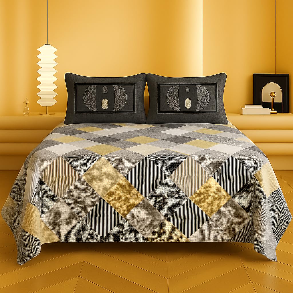 1 Double Bedsheet With Two Pillow Covers - 90 X 94 Inches, Grey & Mustard | 300 Thread Count Super Soft Bed Sheet For King Size Bed Geometric Pattern