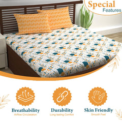 1 Single Bedsheet With 1 Pillow Cover - 57 X 87 Inches, White & Mustard | Skin Friendly Fabric For Everyday Use - Soft, Breathable & Comfortable Sleeping