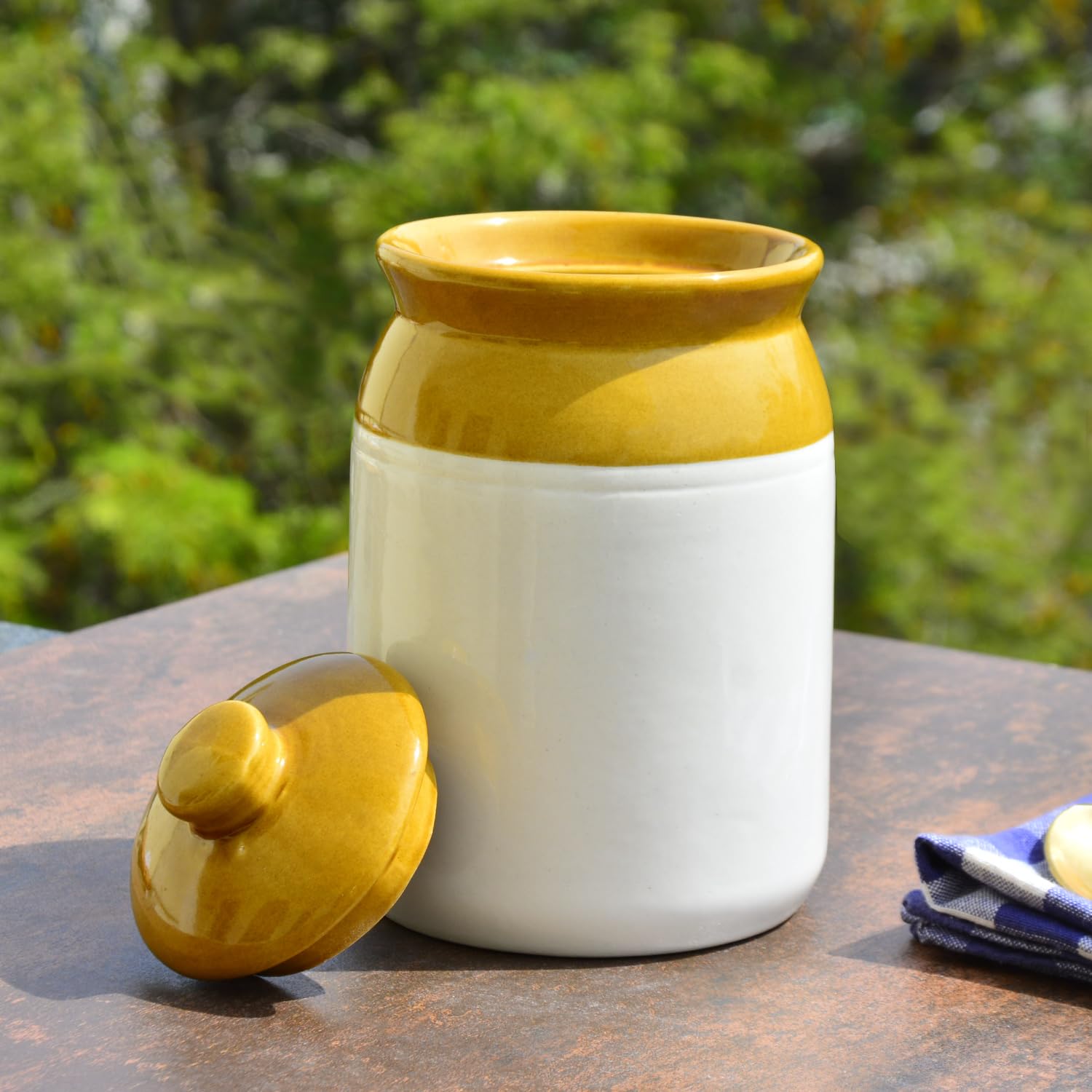 Hand Glazed Dual Tone Ceramic Jar With Lid 1400ml - Sand Yellow & Off White | Ceramic Storage Container For Kitchen, Salt, Spices | Pickle Storage Jar - Burni For Achar