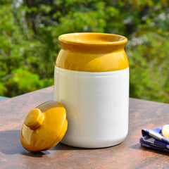 Hand Glazed Dual Tone Ceramic Jar With Lid 1400ml - Sand Yellow & Off White | Ceramic Storage Container For Kitchen, Salt, Spices - Pickle Storage Jar, Burni For Achar