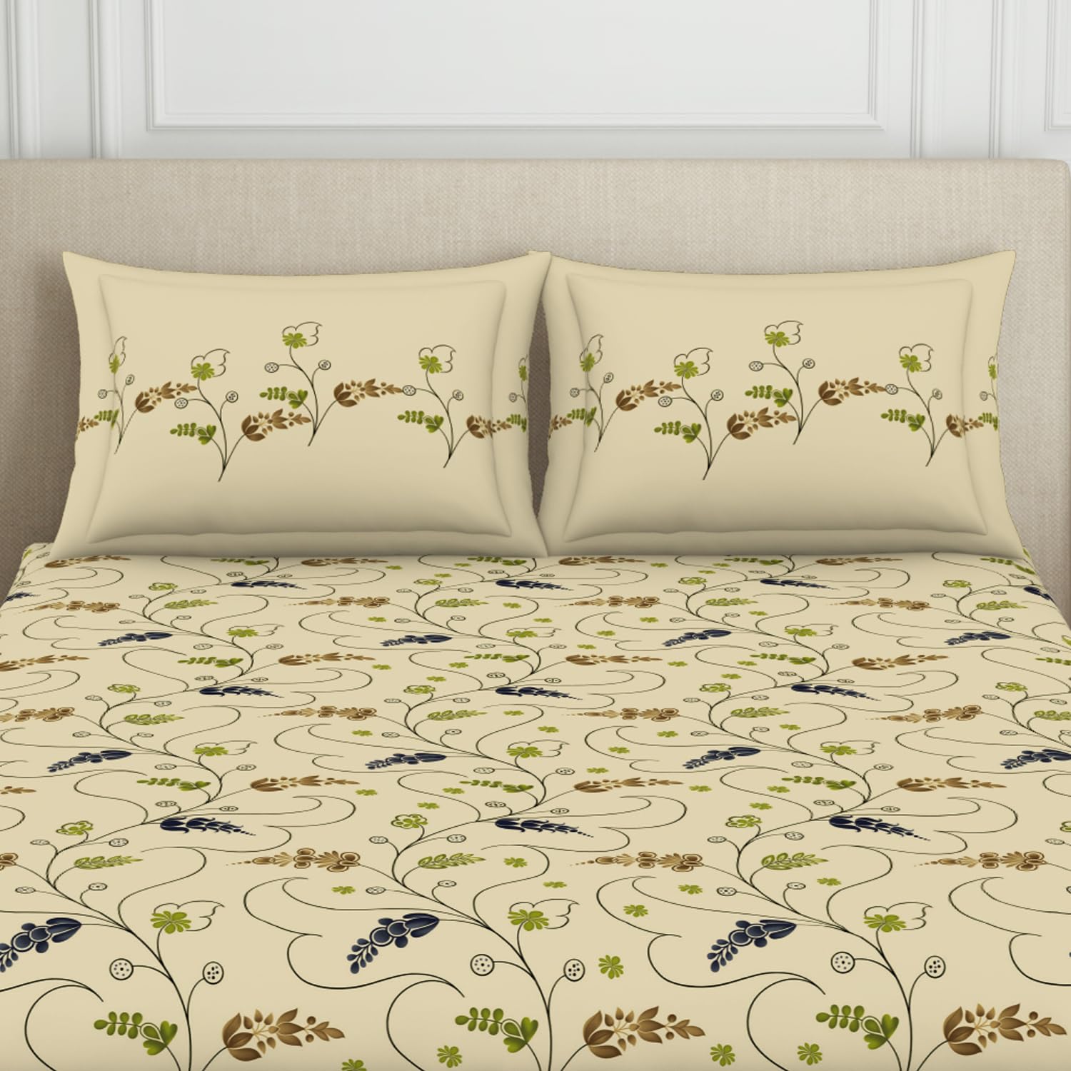 Double Bedsheet With 2 Pillow Covers (Size 88 X 100 Inch) Beige | Breathable Pure Cotton Queen Size Bedsheet | Floral Design Bedsheet