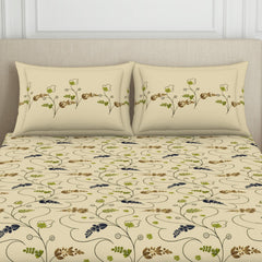 Double Bedsheet With 2 Pillow Covers (Size 88 X 100 Inch) Beige | Breathable Pure Cotton Queen Size Bedsheet | Floral Design Bedsheet