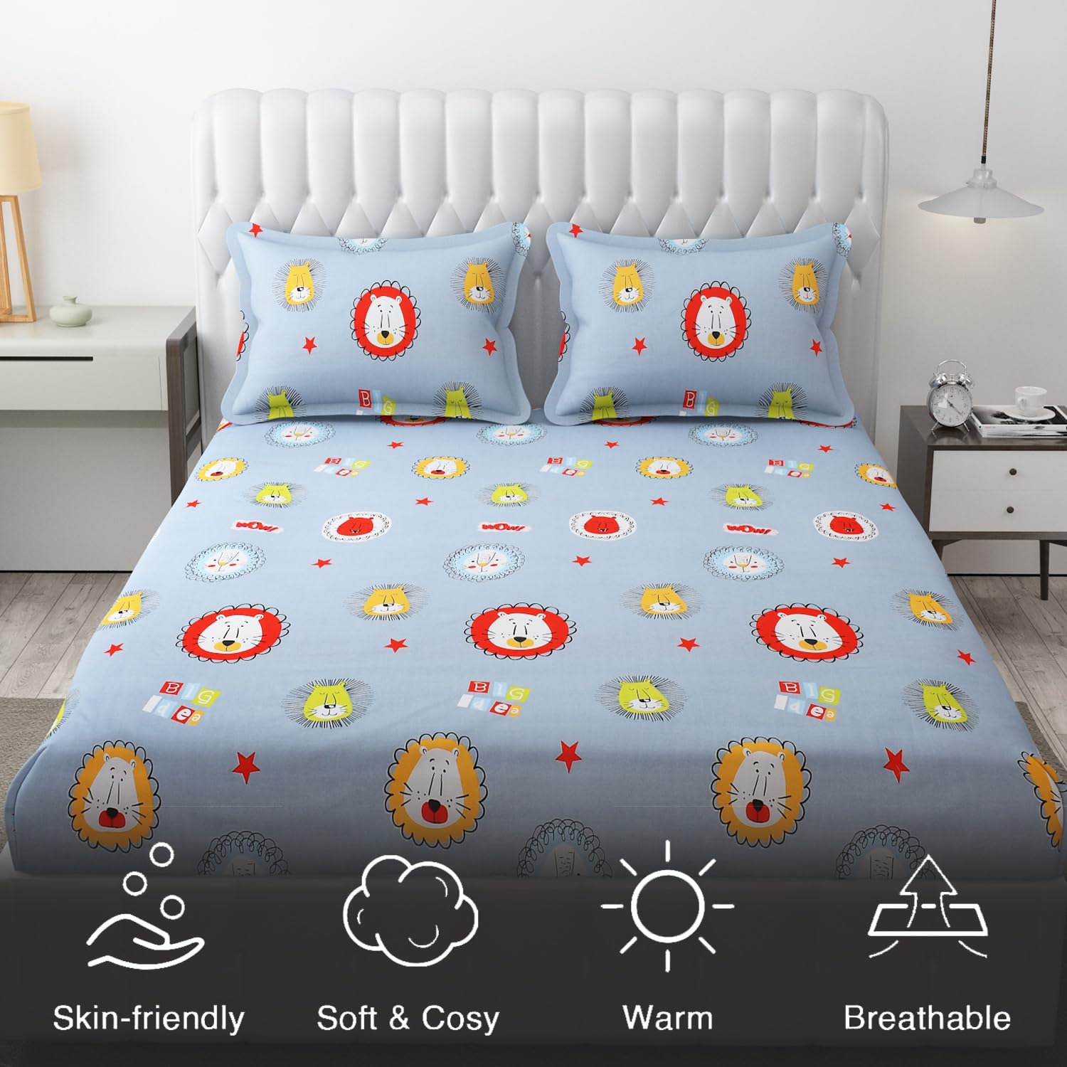 Wrinkle Free Soft Kids Double Bedsheets For King Size With 2 Pillow Cover | 90 X 95 Inches, Grey | Cartoon Printed Design | Child Bedroom Decor
