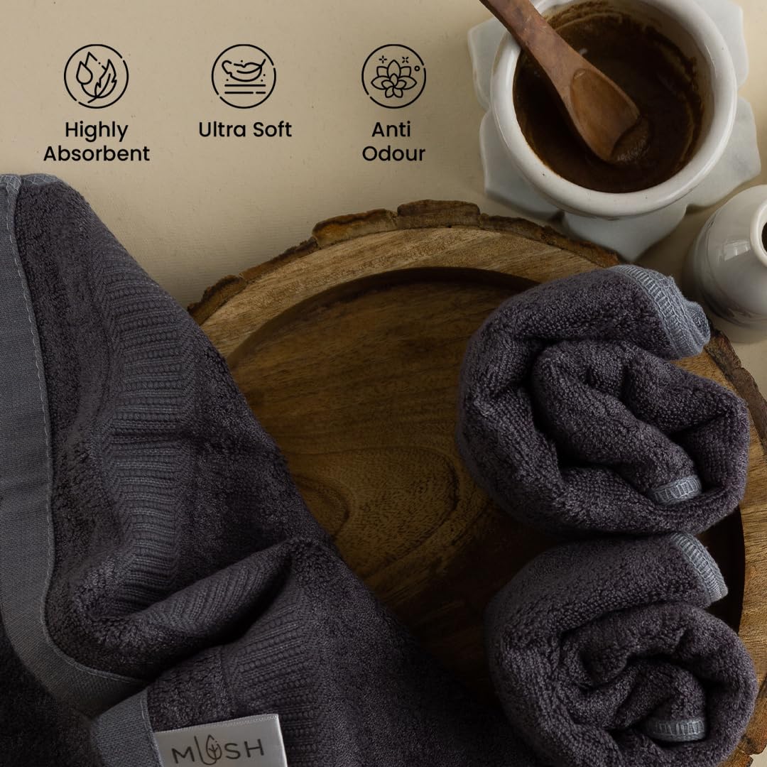 Mush 100% Bamboo Face & Hand Towel 450 Gsm | Ultra Soft, Absorbent, Quick Dry Towels For Facewash, Gym, Pool, Sports, & Travel - Grey (Pack Of 2)