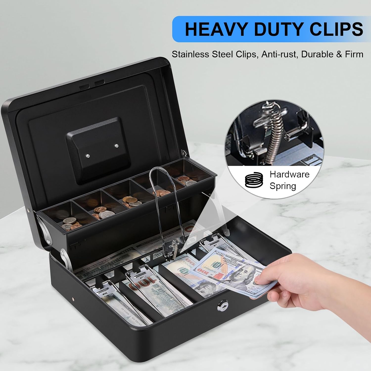 Cash Box Metal Money Box With 4 Bill 5 Coin Cash Tray Coin Compartment And Key Lock, 11.8l X 9.5w X 3.5h Inches, Colour - Black
