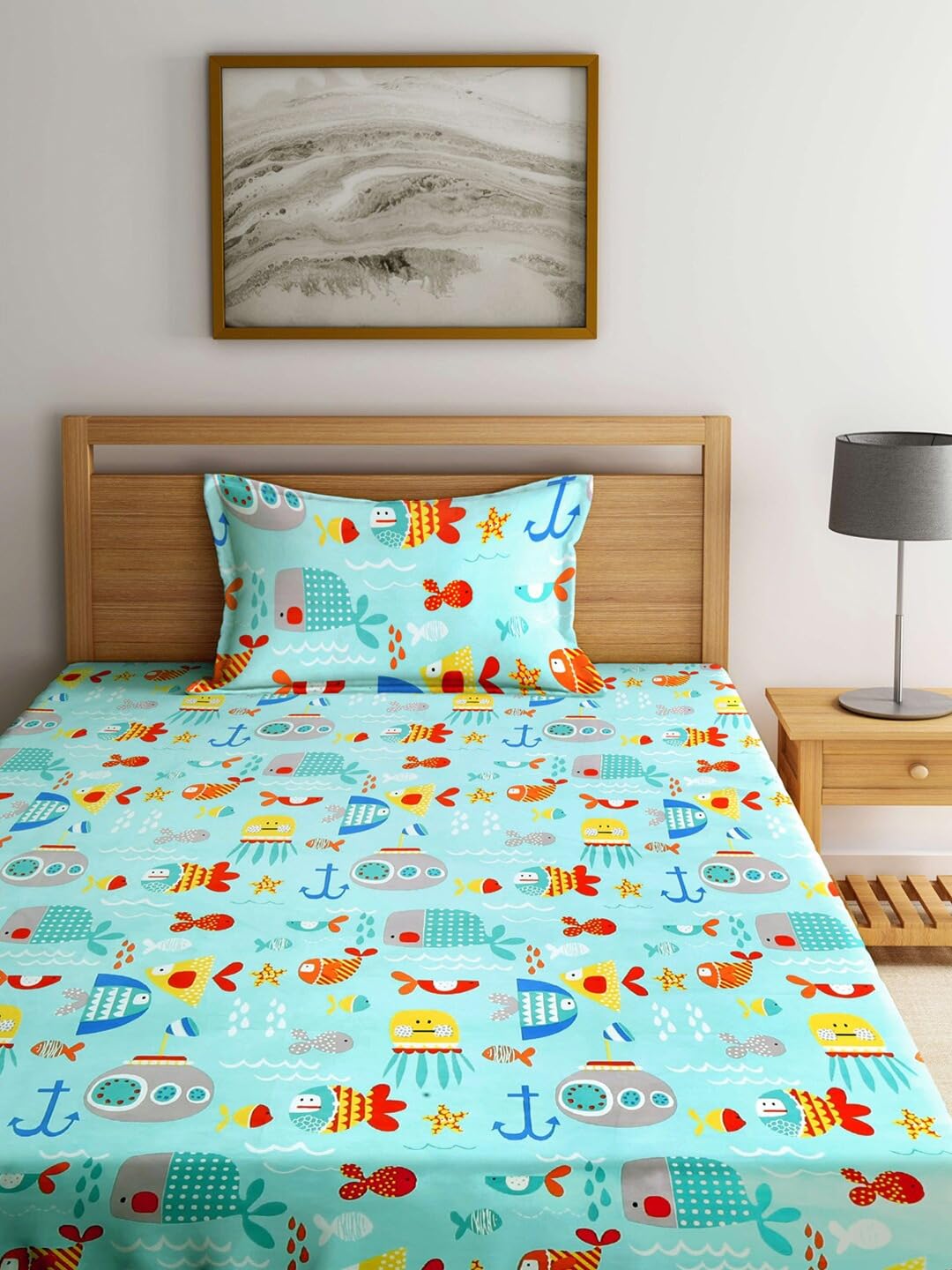 Cartoon Printed Single Bedsheet For Kids With One Pillow Cover - 60 X 90 Inches, Multicolor | 300 Thread Count - Wrinkle Free Soft Perfect For Everyday Use