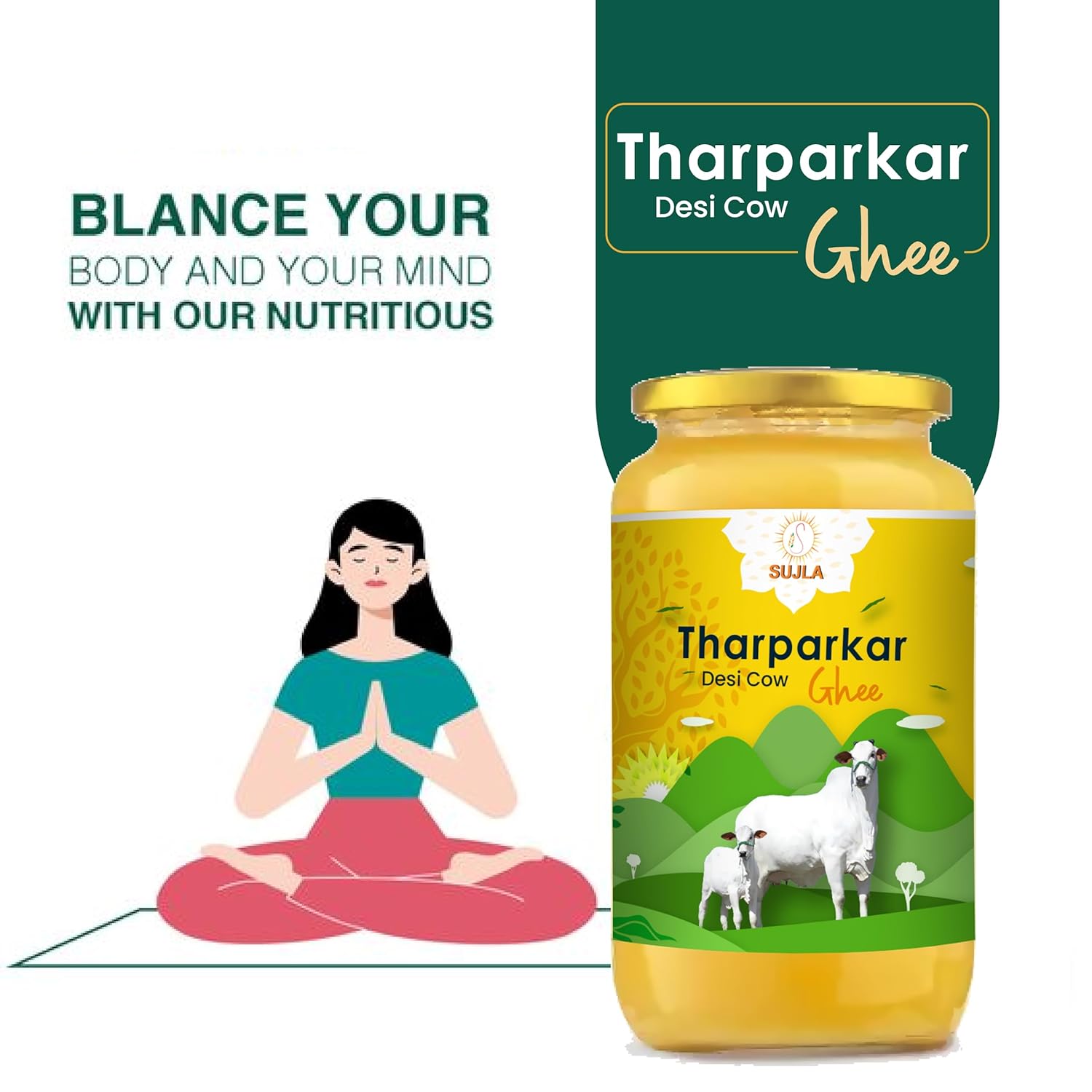 Premium A2 Desi Tharparkar Cow Ghee By Sujla | Naturally Rich Taste & Aroma Desi Pure Ghee Perfect For Diet | (500ml) 16.9 Ounce | Jar Pack