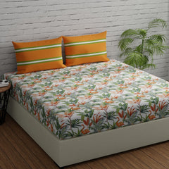 Cotton Bedsheet With 2 Pillow Covers - 88 X 96 Inches, Orange & Green | Ideal For Villas, Guest Houses, & Daily Home Use Double Bedsheet