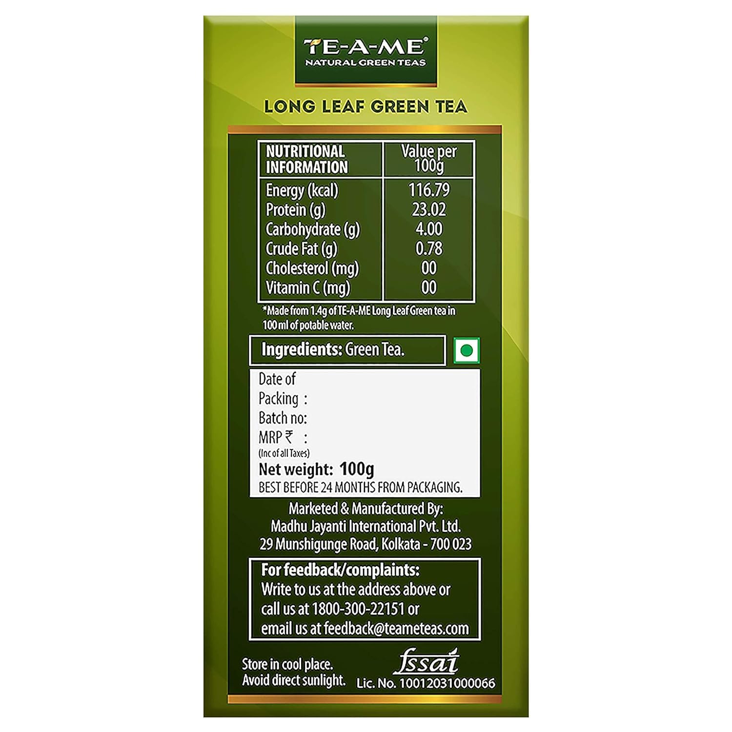 TE-A-ME Purity Long Leaf Green Tea - 100gm, 3.5 Ounce, 70 Cups | Increase Metabolic Rate, 100% Natural Ingredients - No Artificial Oils, Aroma Or Flavor