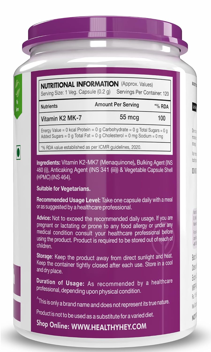 Healthy Hey Nutrition Vitamin K2 , 100% Vegetarian Vitamin K2 Benefits In Bone Health - 55mcg | 120 Veg Capsules , 200gm 0.4lbs