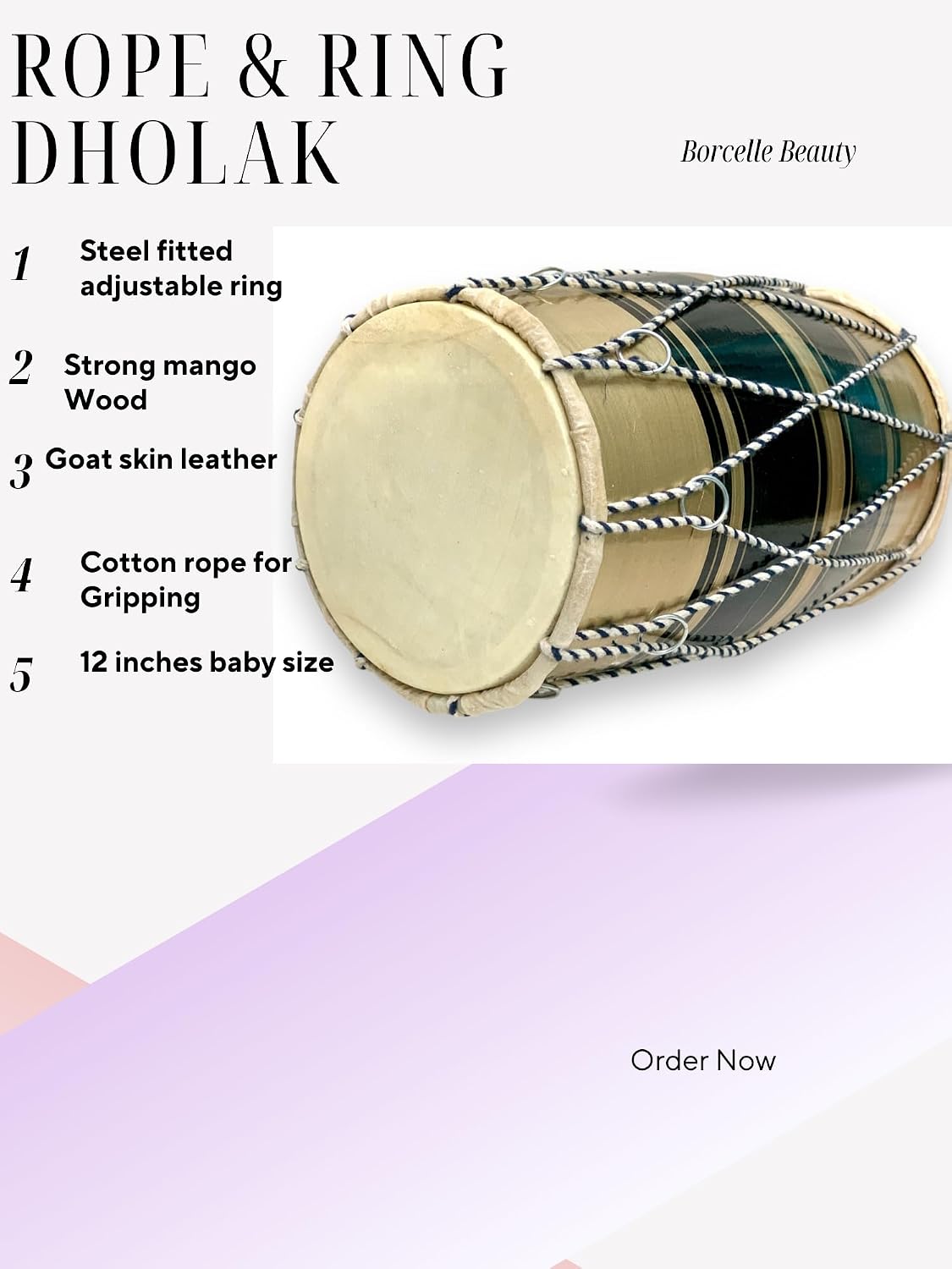 12 Inches Wooden Rope & Ring Baby Dholak - Multicolor | Perfectly Symmetric Round Dholak - Dholak For Festival, Wedding, Satsang | Very Easy To Tune
