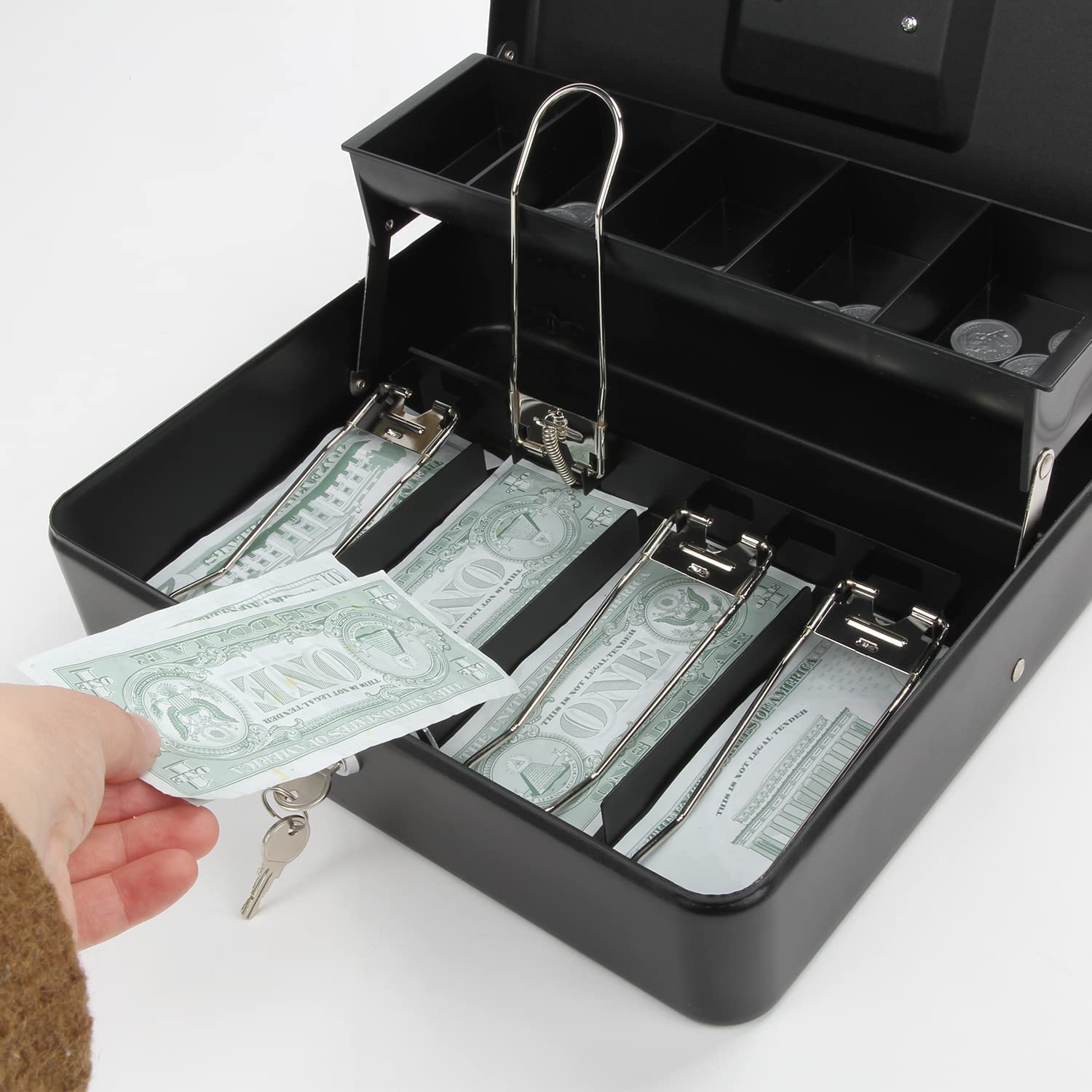 Locking Cash Box With Lock, Money Box With Cash Tray, Lock Safe Box With Key, Money Saving Organizer, 4 Note, 5 Coin Slots, Colour - Black