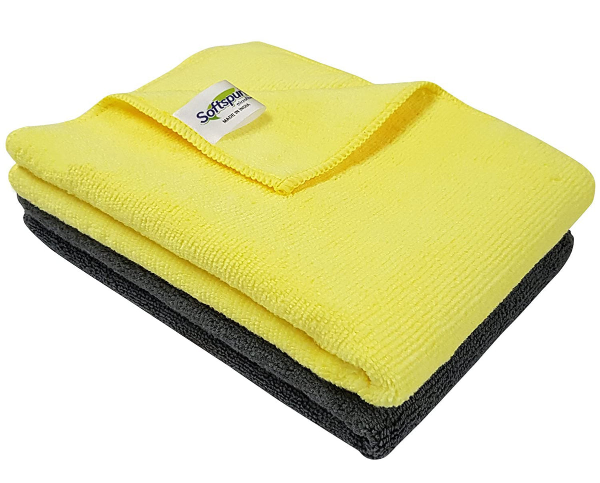 Softspun Microfiber Cleaning Cloths Towel Set 340 Gsm | Highly Absorbent Lint And Streak Free Multi-Purpose Wash Cloth For Kitchen, Car, Stainless (2 Pcs)- Yellow & Grey