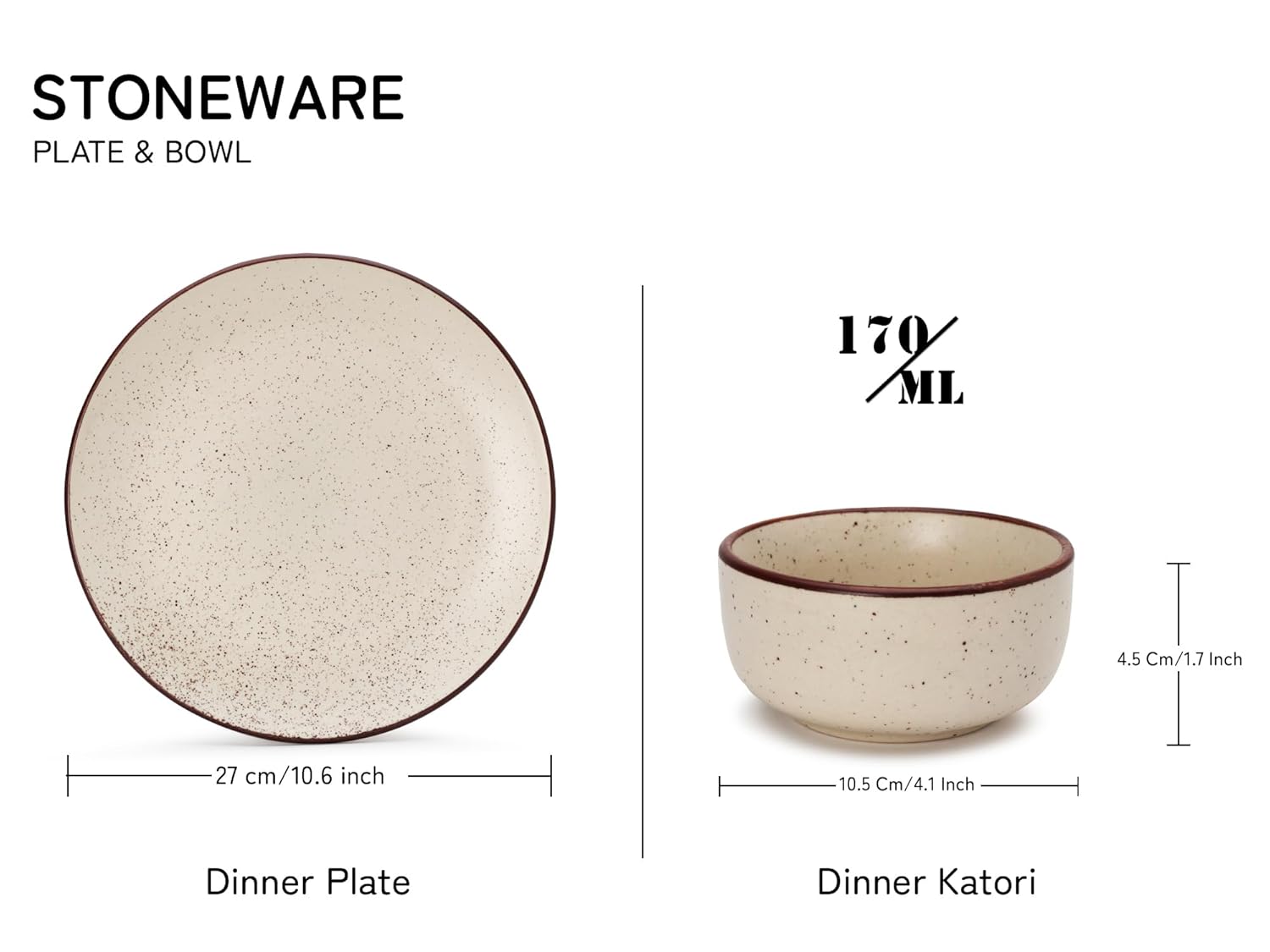 Hand Painted Ceramic Dinner Set Of 12 Pieces Dinnerware Set - Beige Speckled | Set Of 6 Dinner Plates + 6 Dinner Katori, 170ml Each - Microwave & Dishwasher Safe