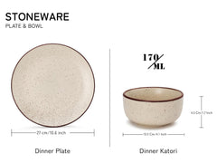 Handcrafted Ceramic Stoneware Dinner Set - Pack Of 12 Pcs, Beige Speckled | 4 Dinner Plates, 10.6 Inch Each + 8 Small Dinner Bowl, 170ml Each - Microwave & Dishwasher Safe