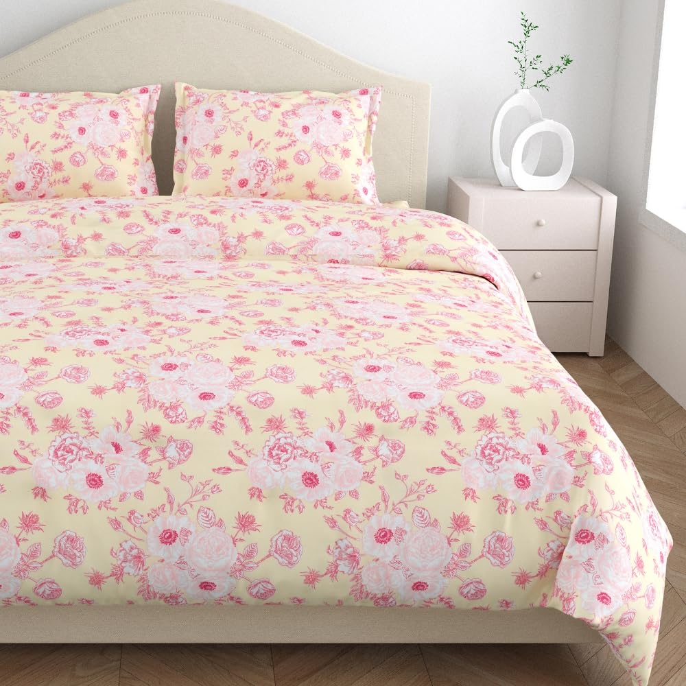 Flat Bedsheet Queen Size Bed With 2 Pillow Covers - 100 X 90 Inches, Cream & Pink | Soft, Breathable & Durable | Skin-Friendly & Durable