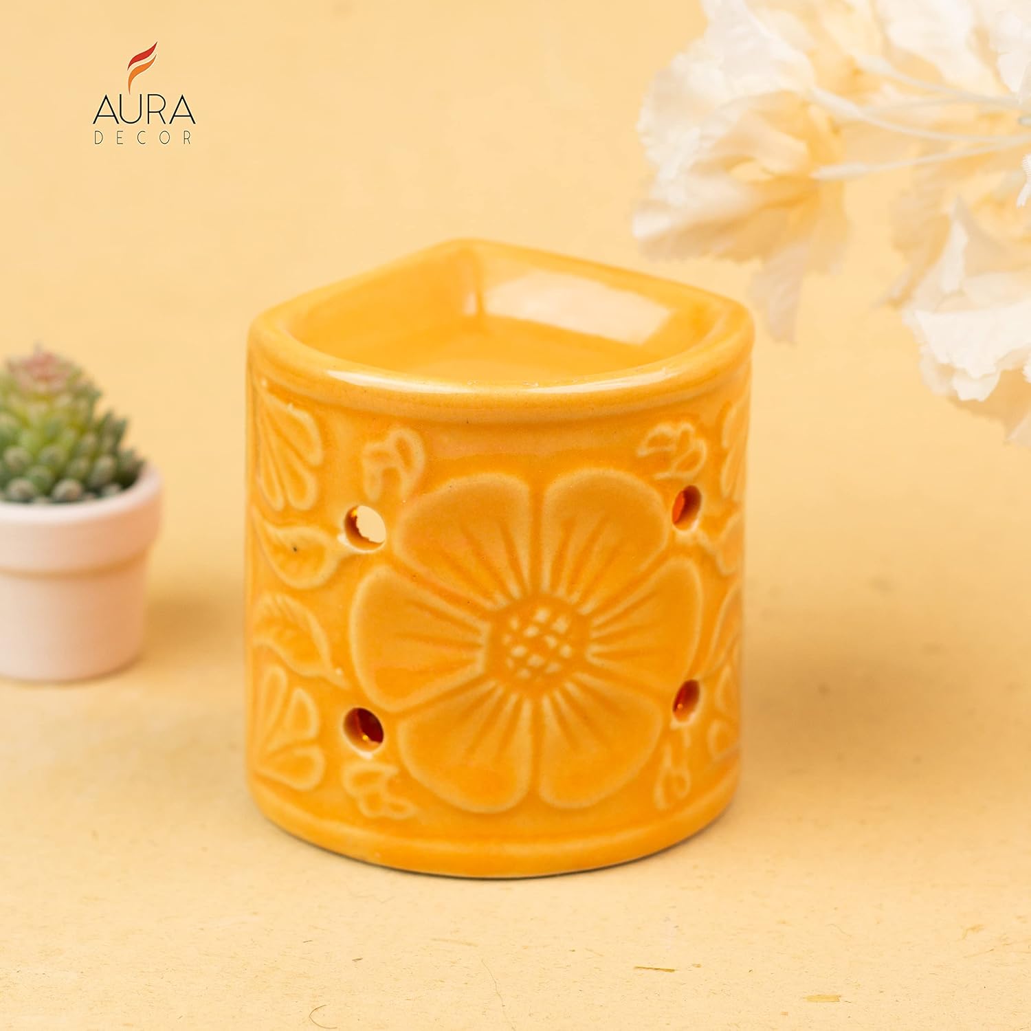 YELLOW HANDCRAFTED SMALL CERAMIC BURNER WITH 1 T-LIGHT CANDLE USE FOR IN HOMES