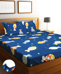 Elastic Fitted Kids Fishes Double Bedsheet 2 King Size Pillow Covers, Navy Blue (72x78 Inches) | Lightweight, Soft & Breathable - Perfect For Gifting Bedsheet
