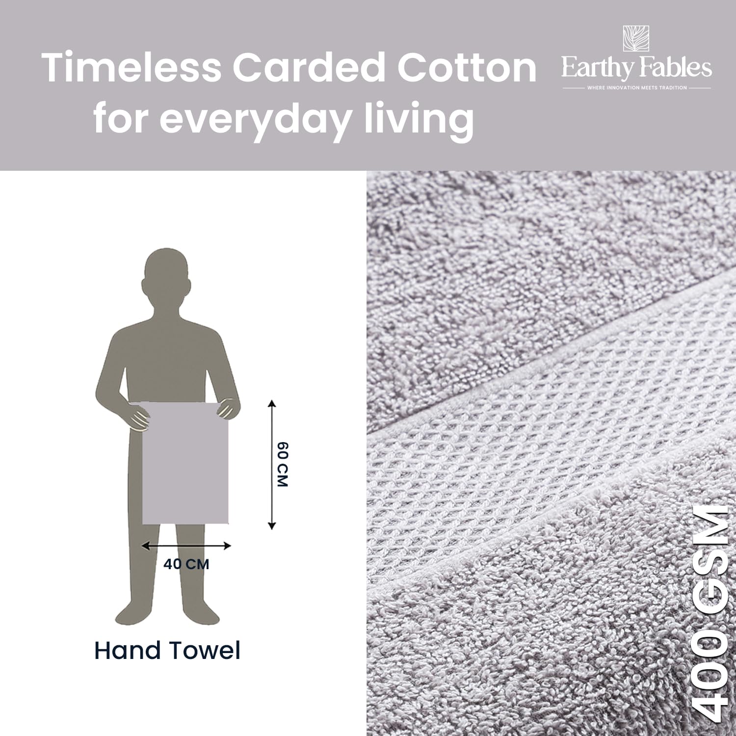 Earthy Fables Basic Hand Towel 800 Gsm | Pure Carded Cotton, Soft, Absorbent, Quick Dry & Skin-Friendly Towel - Pack Of 4 (Cloudy Grey)
