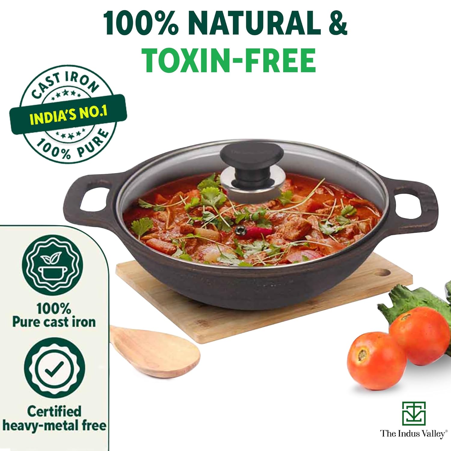 Super Smooth Black Cast Iron Kadai With Glass Lid - Medium, 10.2 Inch, 26 Cm, 2.5 Liters, 2.4 Kg | Naturally Nonstick, Pre-Seasoned Kadhai, 100% Pure & Toxin-Free, No Chemical Coating