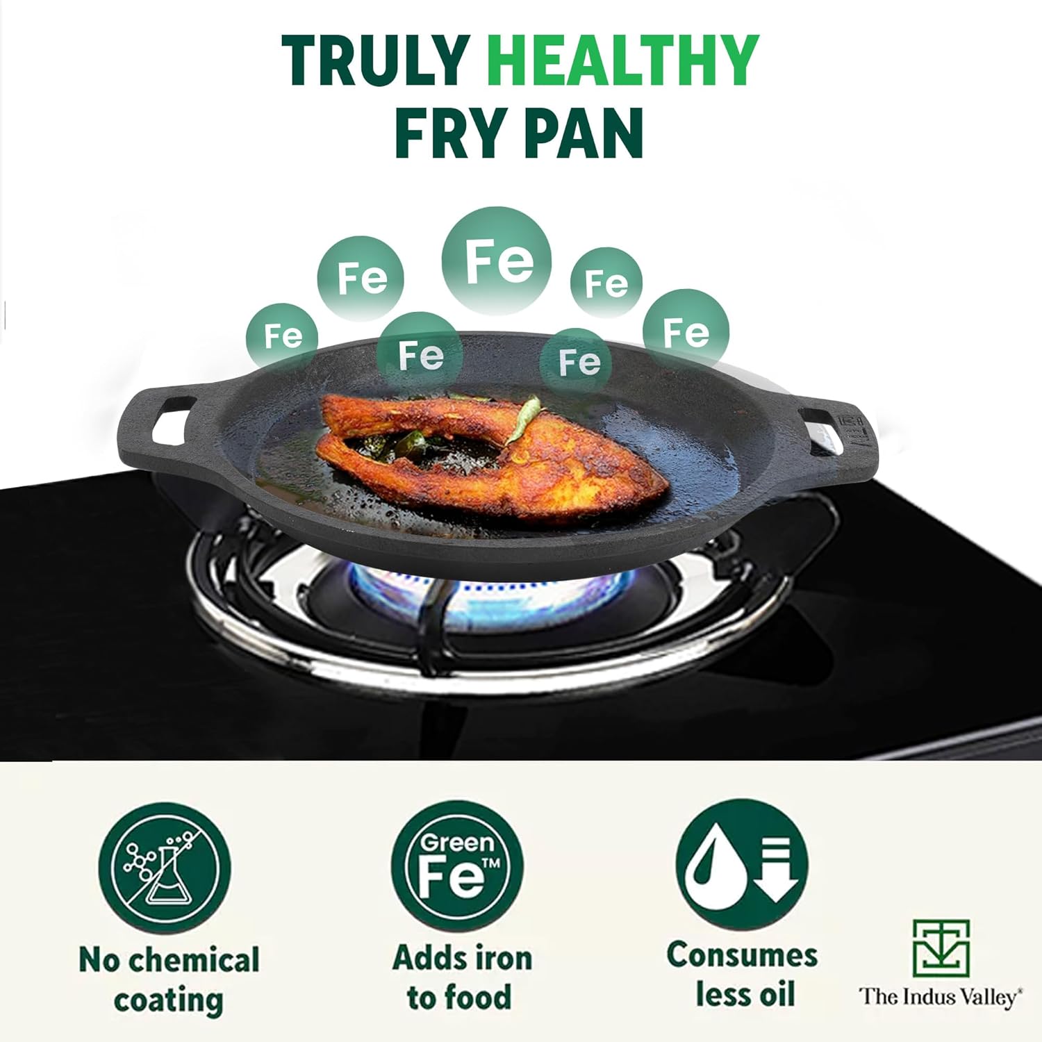 Pre-Seasoned Black Cast Iron Fish Fry Pan With Double Handle - Medium 22.4 Cm, 8.8 Inch, 1.5 Kg | Induction Friendly, Nonstick Fish Fry Pan, 100% Pure & Toxin Free, No Chemical Coating