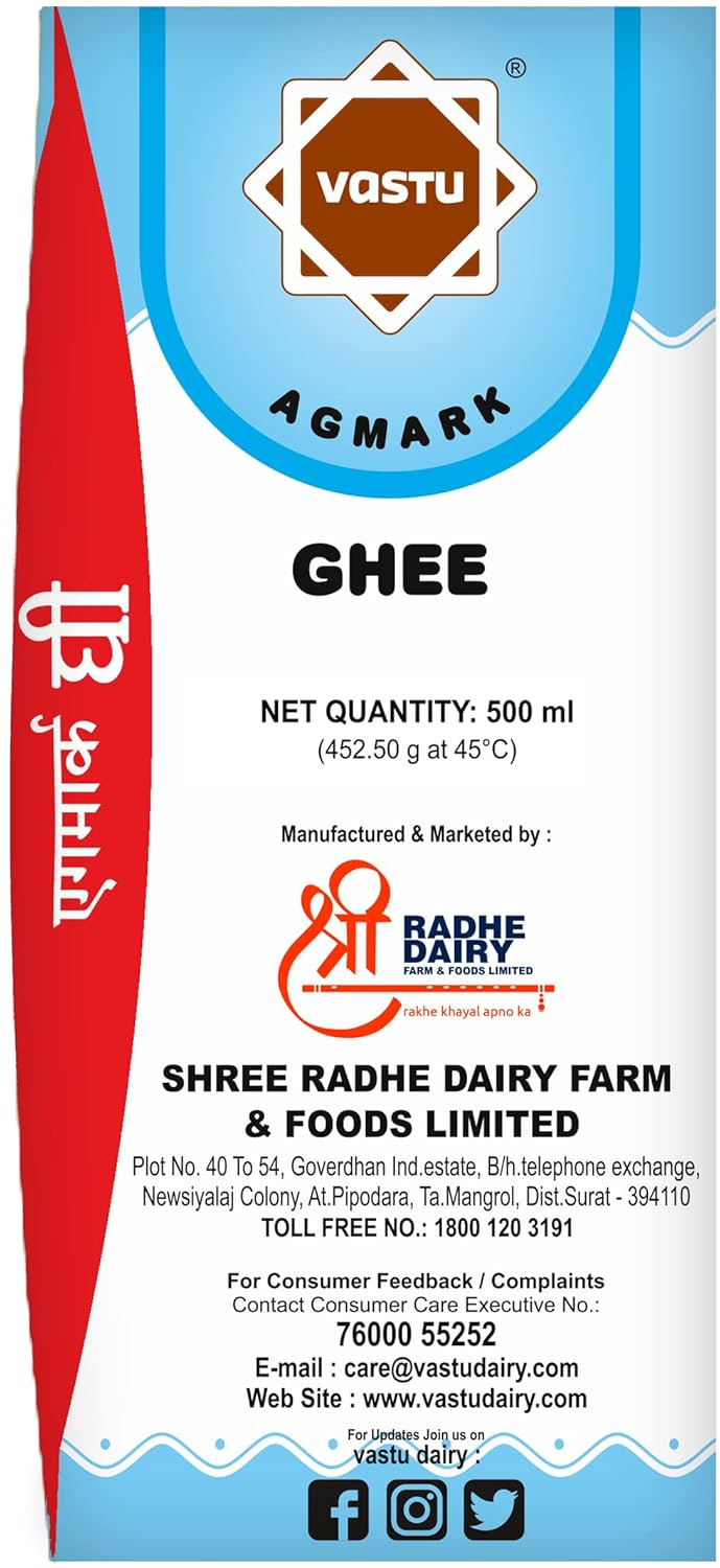100% Pure Agmark Ghee By Vastu | Rich In Vitamins A, D, E & K Healthy Desi Ghee Good For Diet | (500ml) 16.9 Ounce | Box Pack