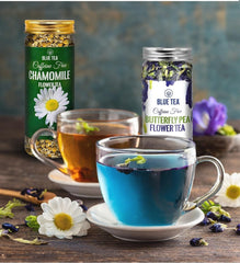 Blue Tea Combo Pack Of 2 - Butterfly Pea Flower Tea 25gm, 0.8 Ounce + Chamomile Flower Tea 30gm, 1.05 Ounce | Antioxidant Rich - Caffeine Free, Gluten Free, Non GMO | Pet Jar Packaging