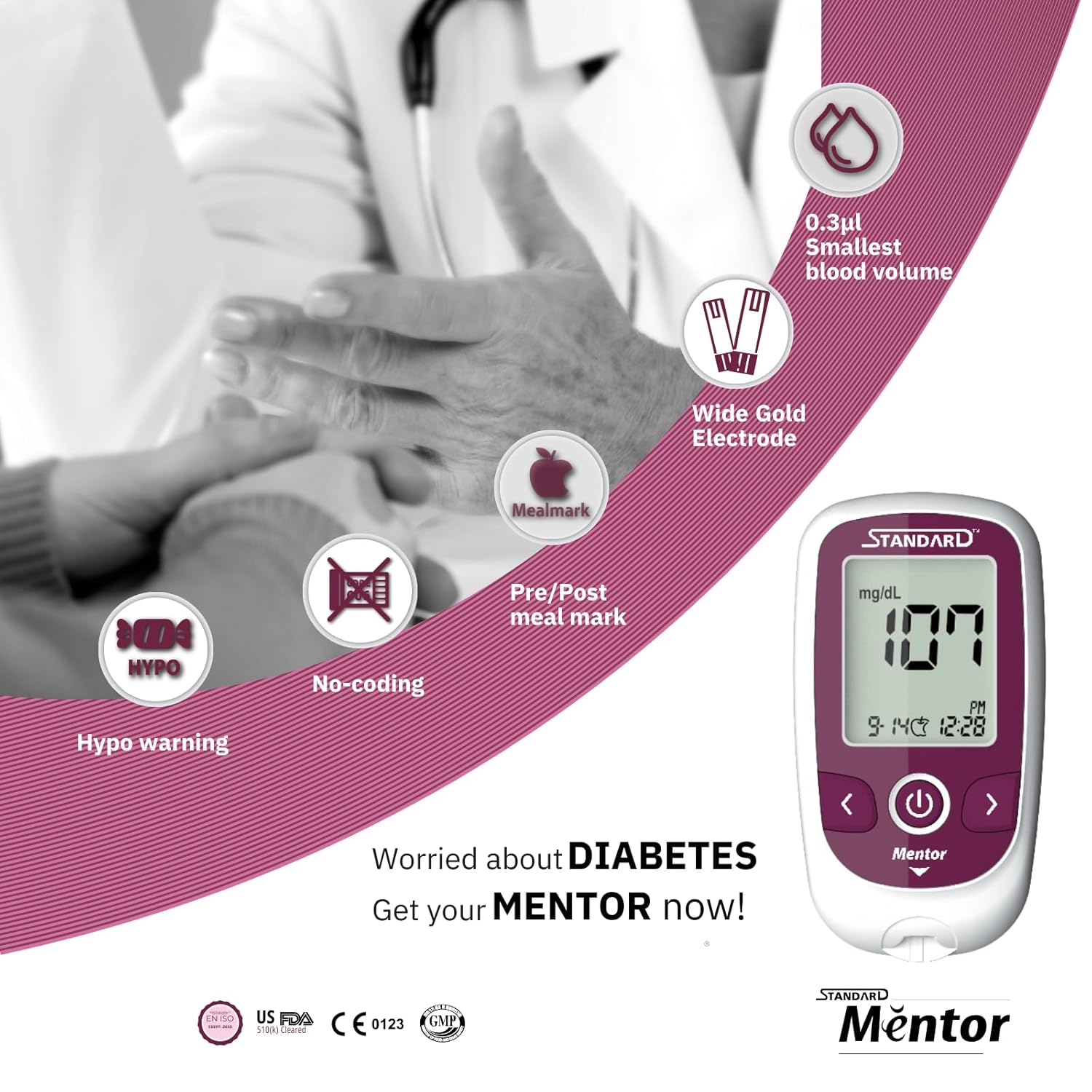 Standard Mentor Digital Blood Glucose Meter For Self Diabetes Testing Monitor Machine With 10 Strips & Complete Medical Device Kit - Glucometer