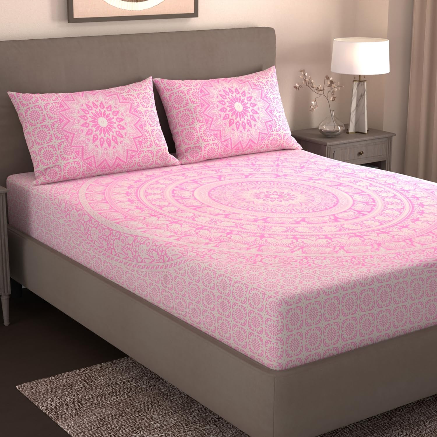 Handloom Printed Double Bedsheet For Queen Size With 2 Matching Pillow Cover | Size 90 X 100 Inches, Light Pink - Cotton Bedsheets For Double Bed | Soft & Smooth