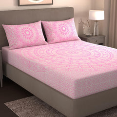 Handloom Printed Double Bedsheet For Queen Size With 2 Matching Pillow Cover | Size 90 X 100 Inches, Light Pink - Cotton Bedsheets For Double Bed | Soft & Smooth