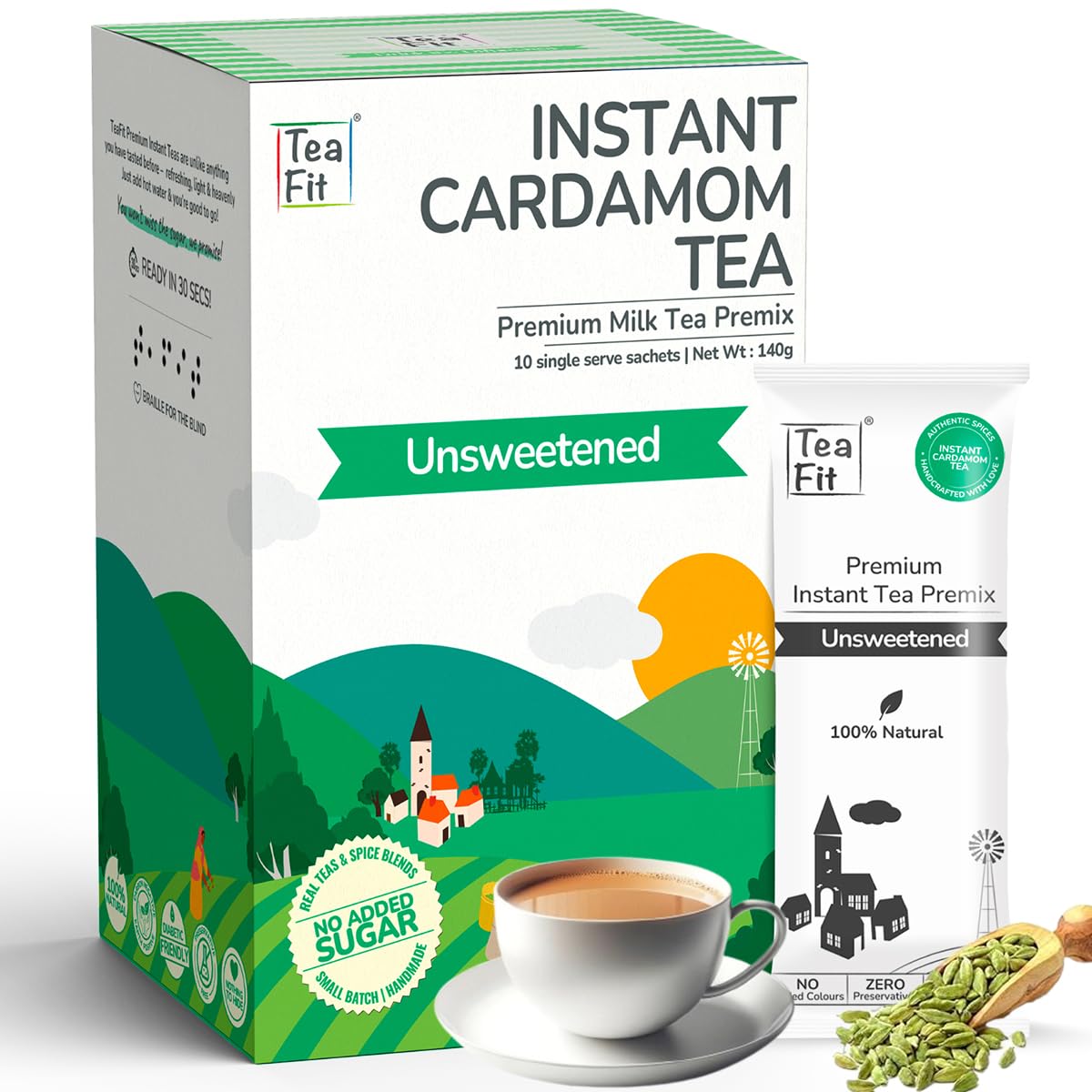 Teafit Unsweetened Instant Cardamom Tea Premix - Pack Of 20 Sachets, 280gm, 9.8 Ounce | Premium Milk Tea Premix, Just Add Water - Strong Home Like Elaichi Chai | Medium Caffeine