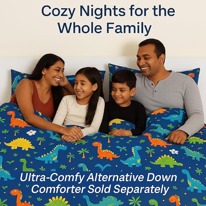 Kids King Size Bedsheet With 2 Pillow Covers - 108 X 108 Inches, Blue | Fun Dinosaur Print - Wrinkle-Free, Comfortable Bedding For Boys & Girls