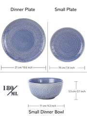 Handcrafted Stoneware Embossed Ceramic Dinner Set Of 18 Pcs - Mist Blue | 6 Dinner Plates+ 6 Small Plates+ 6 Small Dinner Bowls, 180ml Each | Microwave & Dishwasher Safe - Serving For 6