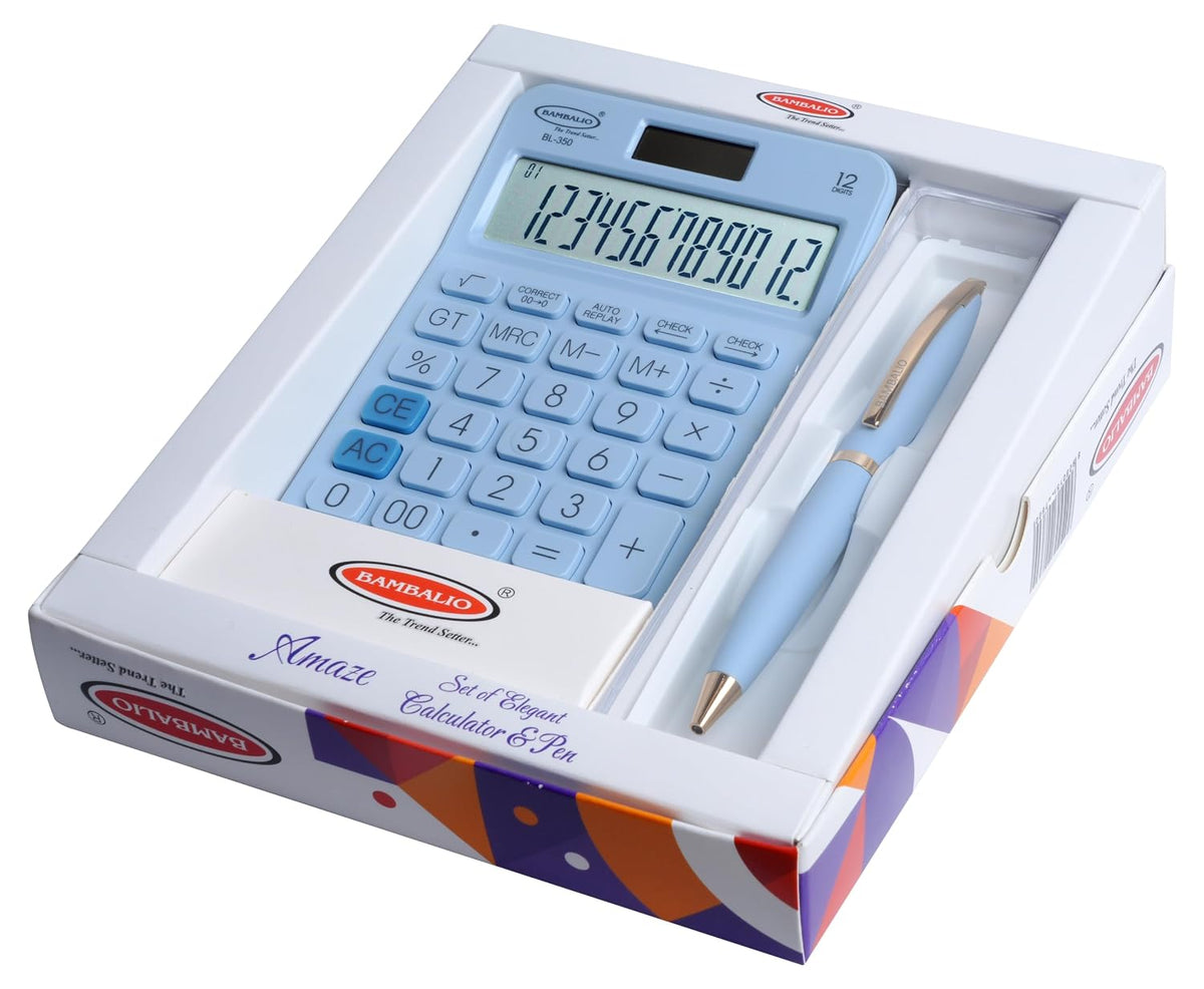 Bambalio Set Of Elegant Calculator & Pen Blue | 12 Digits-large LC Display ,112 Steps Check And Correct | 3 Years Warranty - For Use School, Office, Study, Travel, Daily Use