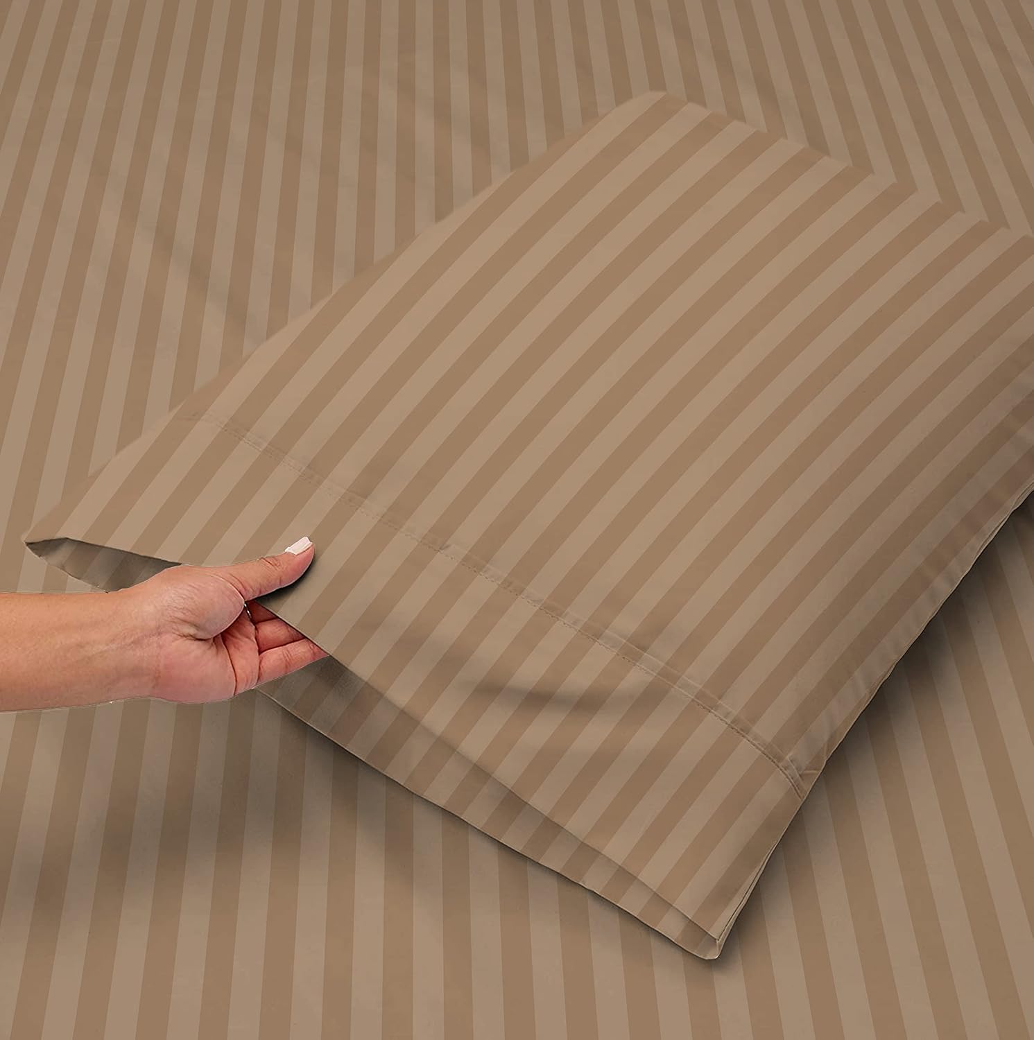 Elastic Fitted Bedsheets With 2 King Size Pillow Covers - Size - 72 X 78 + 10 Inches, Beige | Double Bed With All Around Elastic 220 Thread Count Super Soft