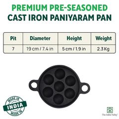 Super Smooth Black Cast Iron Paniyaram Pan With Free Wooden Picker - 7pit, 19 Cm, 7.4 Inch, 2.2 Kg | Induction Friendly, Pre-Seasoned Paddu Pan, 100% Pure & Toxin-Free, No Chemical Coating