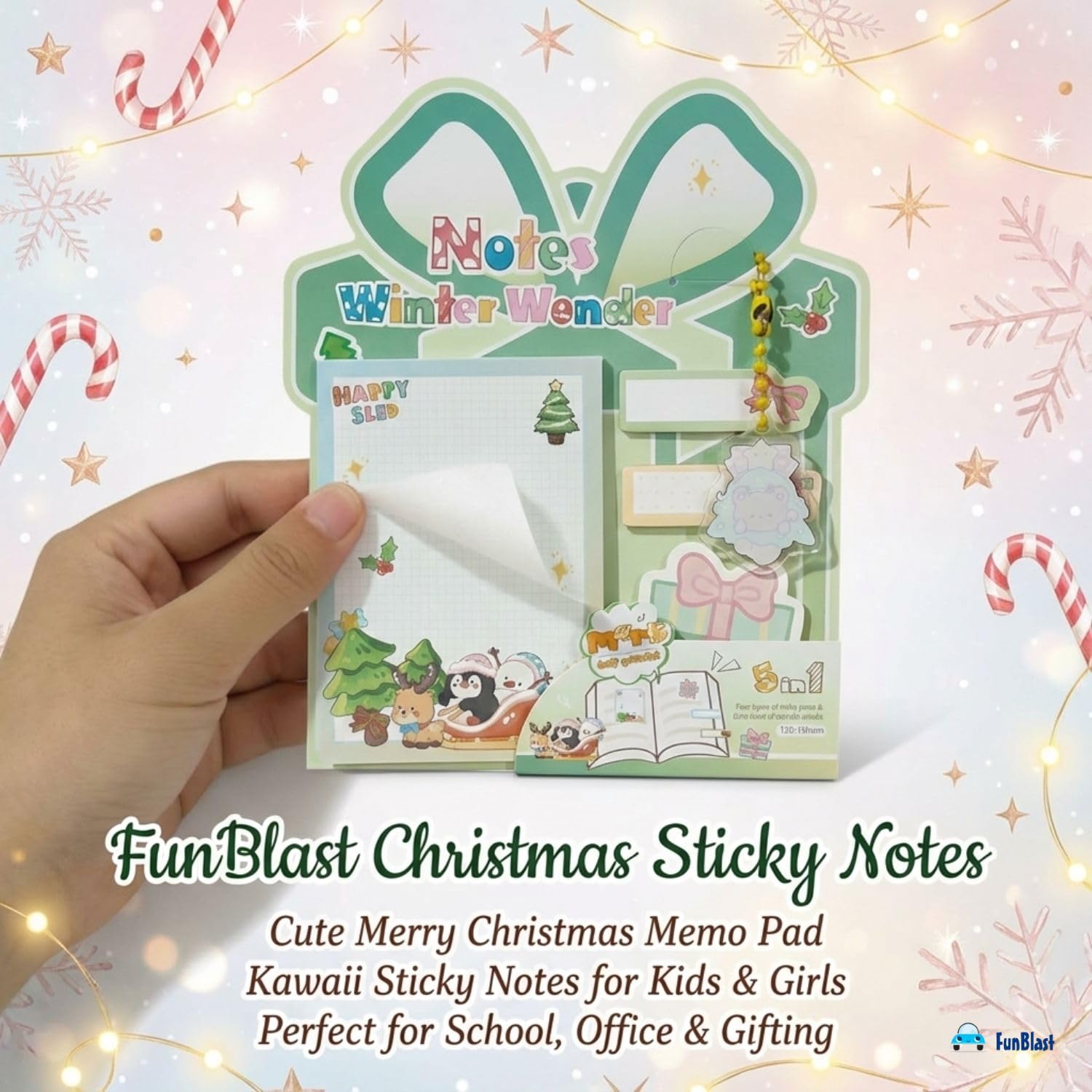 Christmas Sticky Notes - 30 Small Sticky, 30 Medium Sticky | Stationery Gift For Student - Green