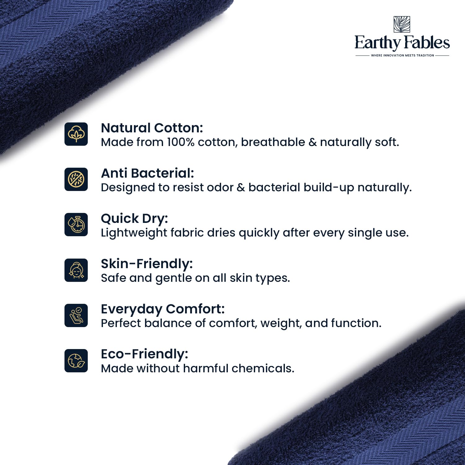Earthy Fables Airlux Bath Towel 500 Gsm | Pure Carded Cotton, Soft, Absorbent, Quick Dry & Skin-Friendly Towel (Navy Blue)