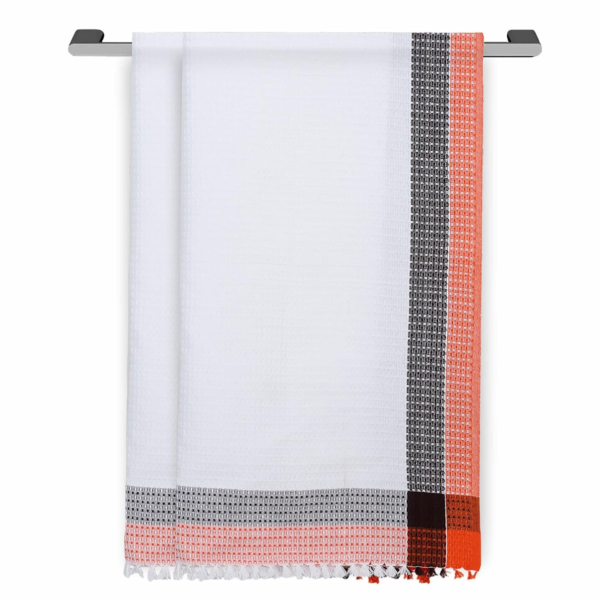 Ecosense Premium Large Cotton Non-Terry Bath Towels 600 Gsm | Soft Absorbent & Comfortable Bath Towels Large Size | Quick Dry Gym, Travel - Orange & Grey Waffle (Pack Of 2)