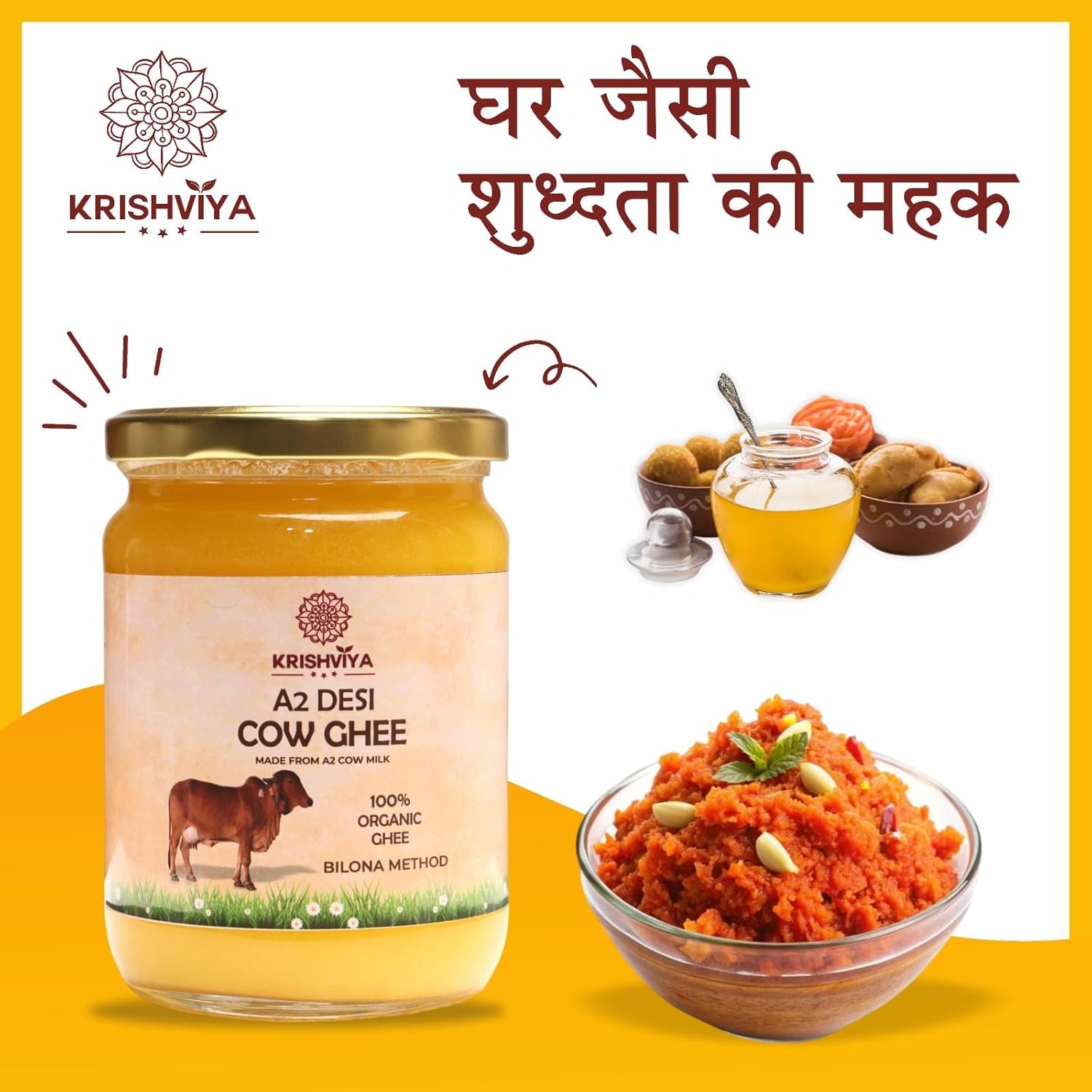 Natural A2 Desi Cow Ghee By Krishviya | Homemade Rich In Taste & Nutrients A2 Bilona Desi Cow Ghee Perfect For Deep Frying | (500ml) 16.9 Ounce | Jar Pack