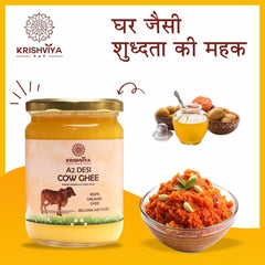 Natural A2 Desi Cow Ghee By Krishviya | Homemade Rich In Taste & Nutrients A2 Bilona Desi Cow Ghee Perfect For Deep Frying | (500ml) 16.9 Ounce | Jar Pack