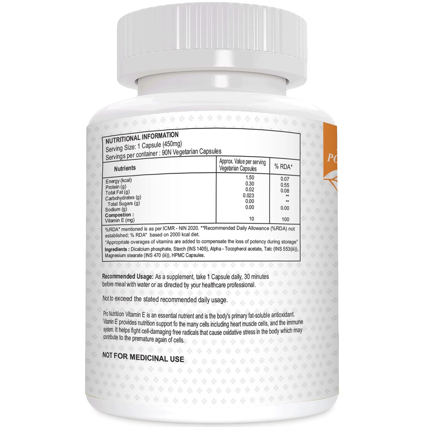 Pronutrition Vitamin E With (D - Alpha Tocopheryl) Gluten Free | 90 Veg Capsules , 150gm 0.3lbs