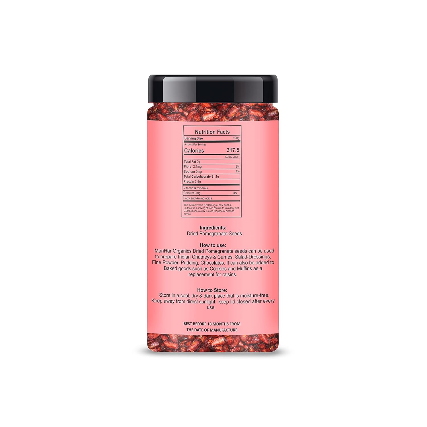 Manhar Organics Dried Pomegranate Seeds - Anar Dana Tangy & Sweet, Perfect For Cooking, Snacking & Garnishing, Rich In Antioxidants | 125gm 0.2lbs