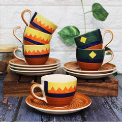 Hand Painted Boho Fiesta Ceramic Cups & Saucers Set Of 6 | Tea Cup Set Of 6 Cups + 6 Saucers For Tea, Coffee, Hot Drinks - 12 Pieces, 150ml, Microwave Safe