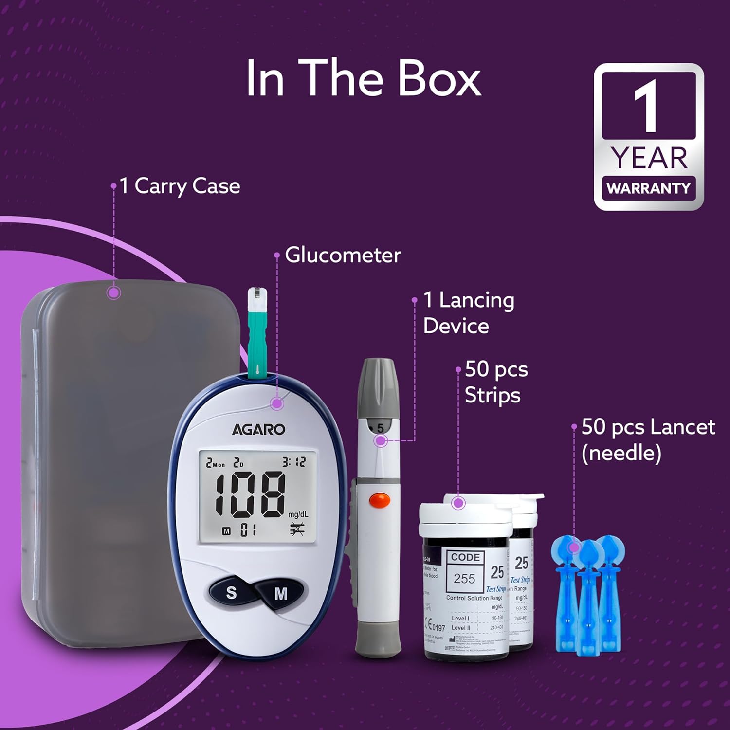 Agaro Glucometer, Blood Glucose Monitoring System with 50pcs Strips & Lancets, Glucometer Machine, Instant Blood Sugar Test at Home, Fast Blood Sugar Testing Device, Simple & Accurate, GLM-76.