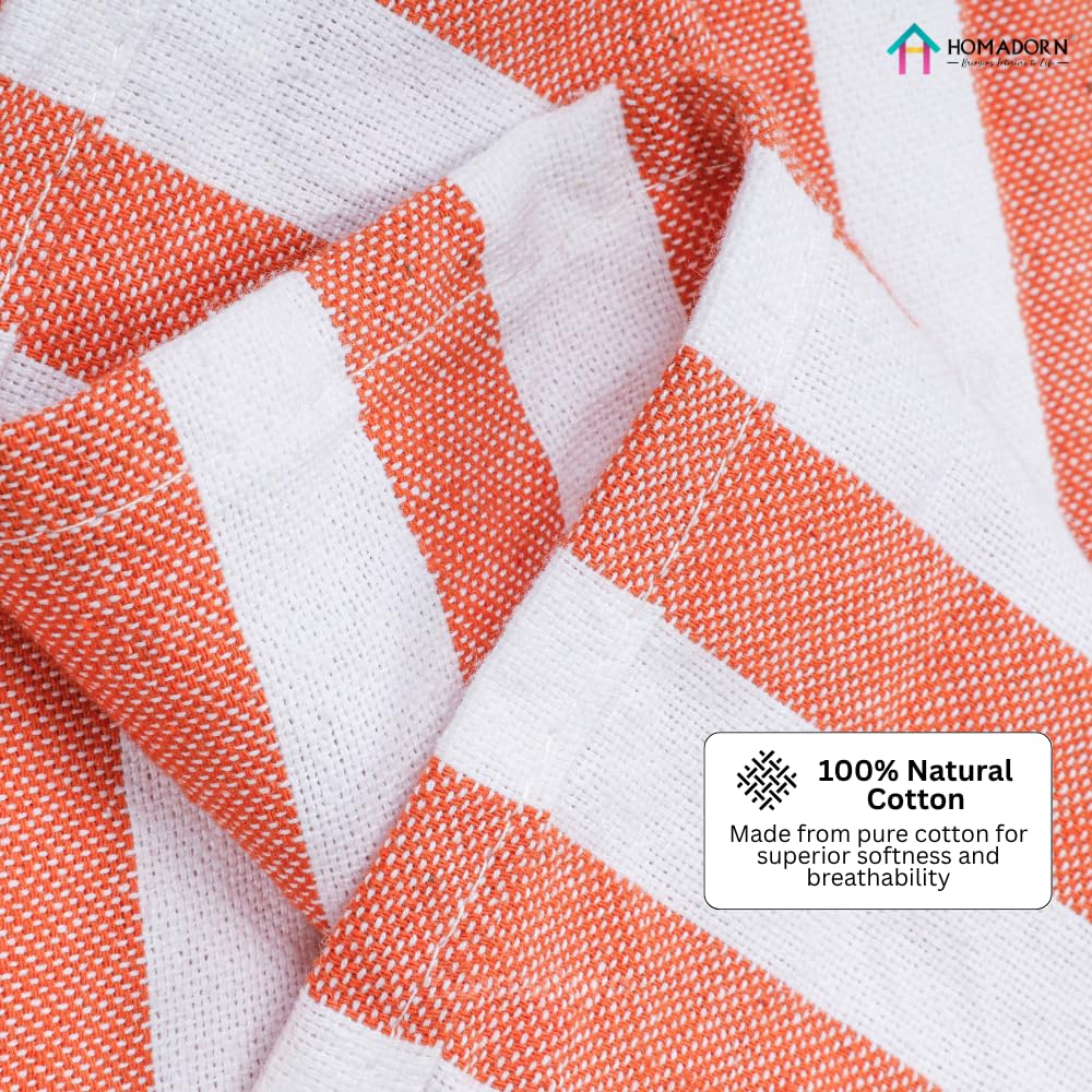 Homadorn 100% Cotton Striped Fouta Bath Towels 700 Gsm | Soft Quick Dry & Absorbent Hand-Knotted Tassels | Turkish Hamam Towel (Orange - White)- Pack Of 2