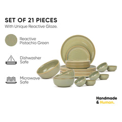 Ceramic Dinner Set Of 21 Pcs, Pistachio Green | Crockery Set, Dining Sets Crockery Items - 6 Dinner Plates+ 6 Quarter Plates+ 6 Veg Bowls, 180ml Each+ 2 Medium Bowls, 1000ml Each+ 1 Large Bowl, 1500ml