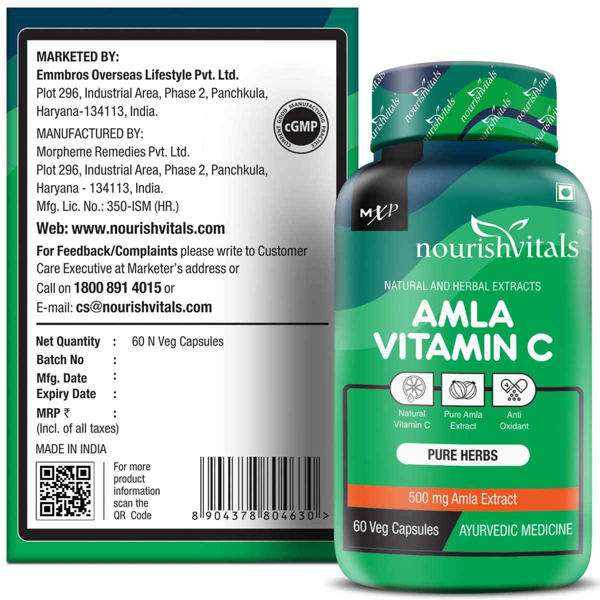 Nourishvitals Amla Vitamin C With Tannins 25% Pure Herbs, 500mg Amla Extract, Antioxidant, Immune, Skin | 60 Veg Capsules, 100gm 0.2lbs Each Pack Of 3