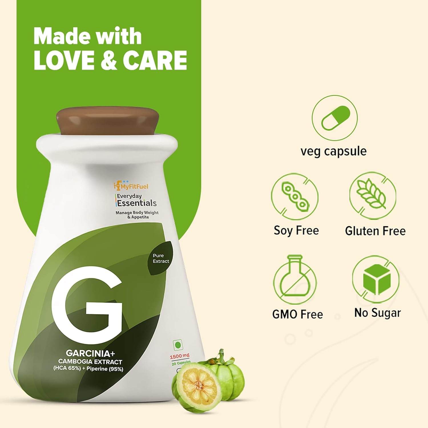 Myfitfuel Garcinia Cambogia Extract Hca 65% 1500mg, With Piperine 95%, Helps Manage Body Weight, Boost Metabolism & Control Food Cravings | 180 Capsules 250gm 0.5lbs